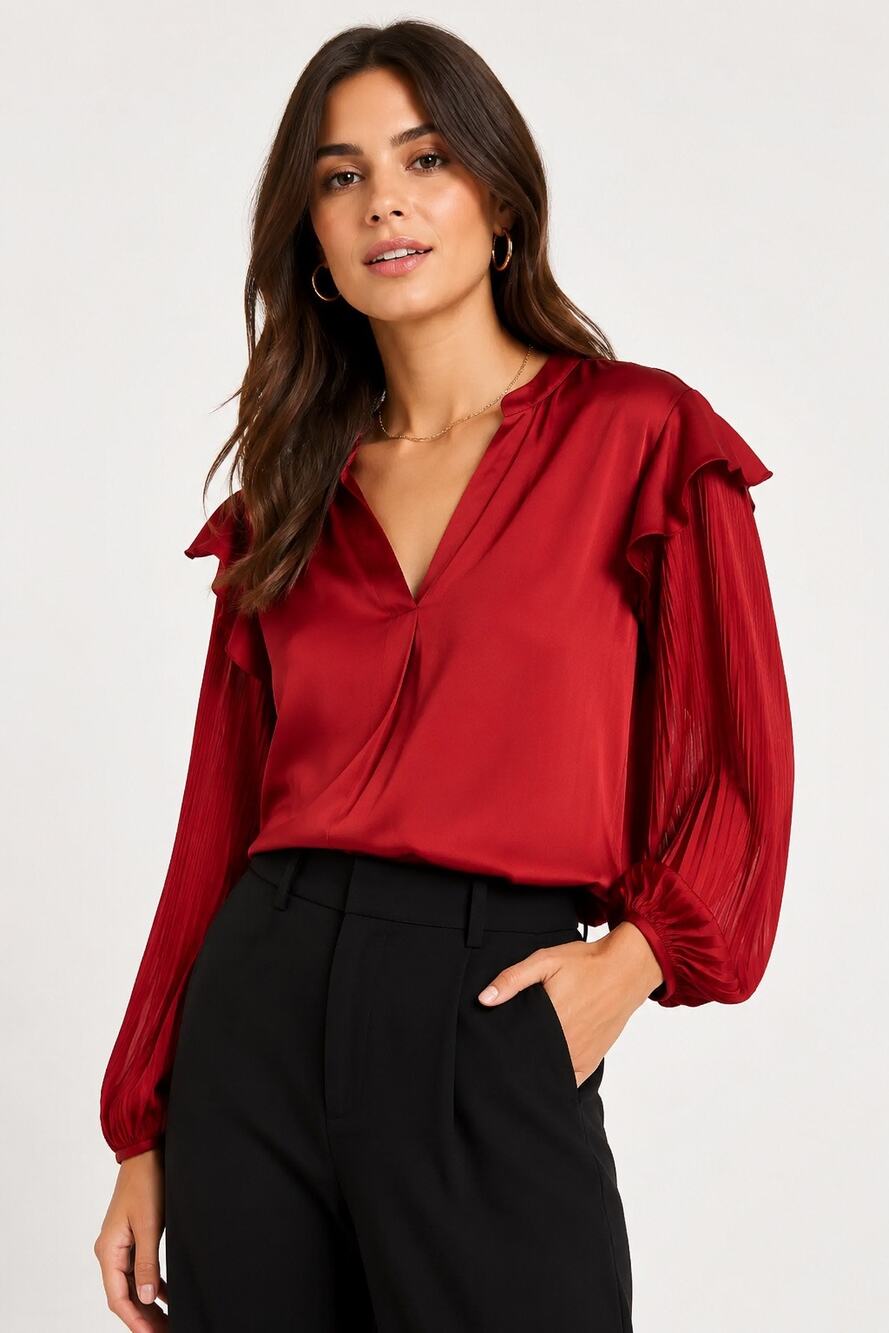 Anthropologie Dolan Sloan Ruffle Pleated Satin Blouse Wine Red Small NWT